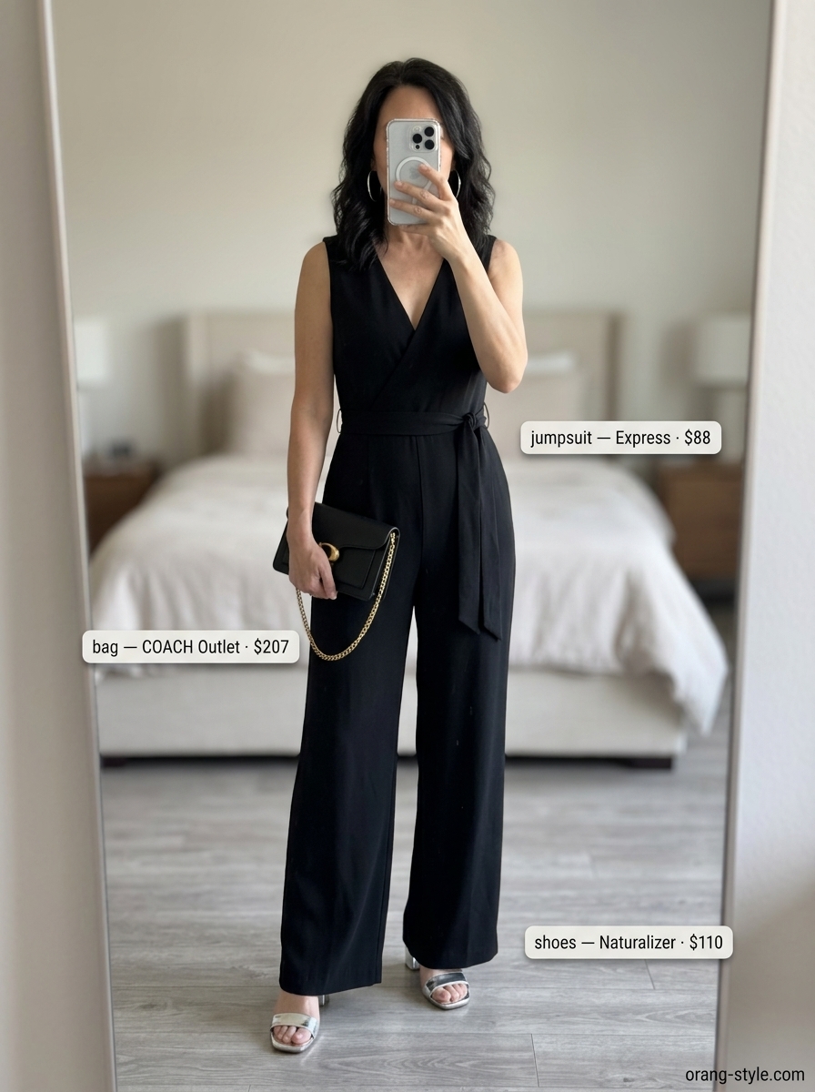 Modern summer outfit for women over 50 2026: Black jumpsuit, silver earrings, metallic sandals for evening event.