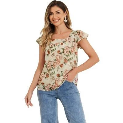 top Allegra K INSPIRE CHIC Women's Chiffon Ruffle Sleeve Square Neck Floral Print Blouse Target $28.99