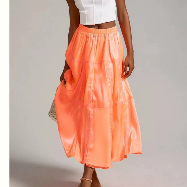 skirt Anthropologie Skirts | Anthropologie Satin Parachute Tiered Maxi Skirt In Bright Coral | Color: Orange | Size: Xs | Maral0024's Closet Poshmark $75