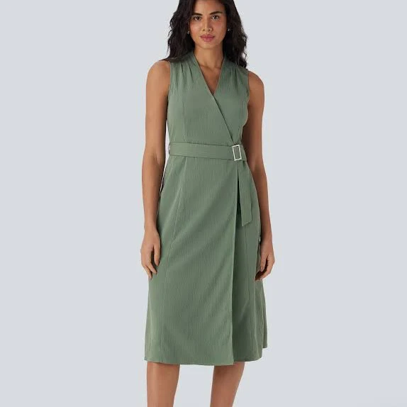 dress Anti-Wrinkle V Neck Sleeveless Wrapped Belted Midi Travel Dress with Side Pockets thehalara.jp $61.95
