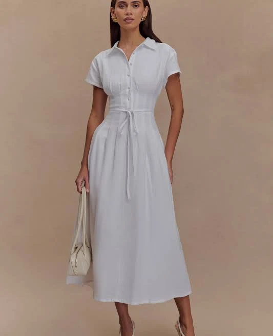 sundress Aysha Buttoned Linen Midi Dress meshki.us $185