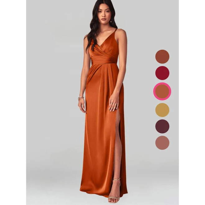 dress Azazie A-Line V-Neck Floor-Length Stretch Satin Bridesmaid Dresses Azazie.com $119