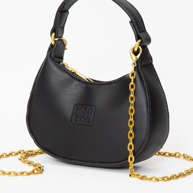 bag Black Faux Leather Mini Hobo Handbag with Gold Chain Crossbody Strap HauteFull Online Store $27.25