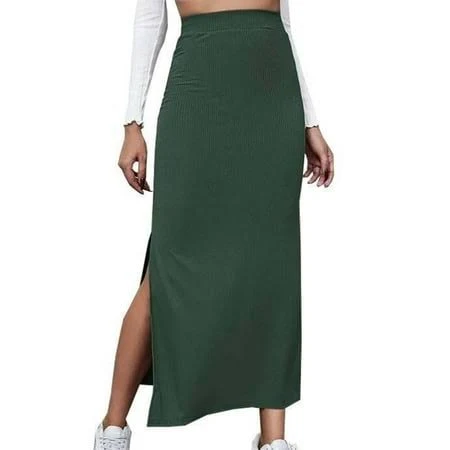 maxi skirt BLVB Women's Basic Plain Stretchy Ribbed Split Full Length Skirt Elastic High Waist Slim Fit Maxi Skirts, Size: Large, Green Walmart - F W Clothing $12.96