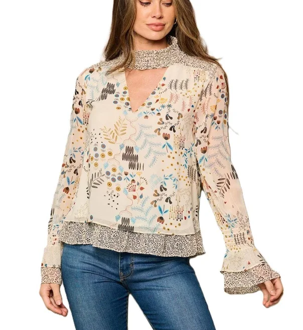 off-shoulder top Boho Chiffon Smocked Neck Long Sleeve Blouse Etsy - Seller $14