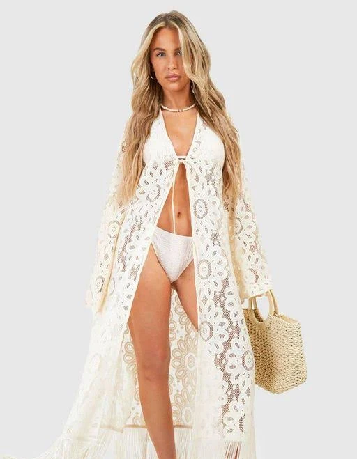 kimono Boohoo Crochet Fringe Hem Beach Kimono Lyst $24