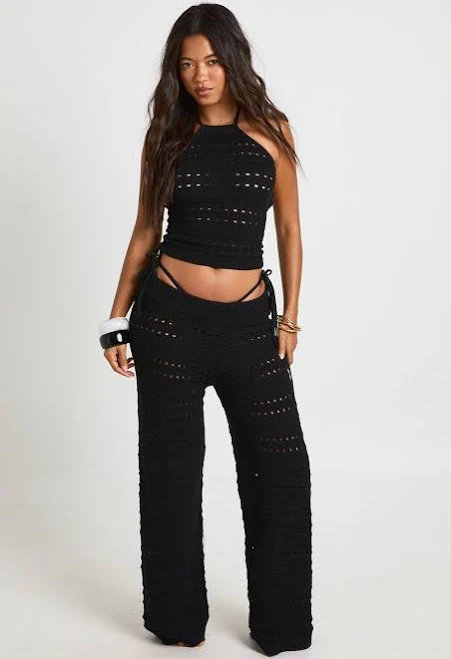 matching set Boohoo Women's Crochet Knit Halterneck Top & Wide Leg Trouser Co-Ord boohoo USA $28