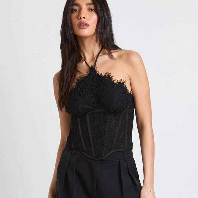 top Boohoo Women's Scallop Edge Lace Halter Corset Top boohoo USA $26.8