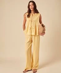 matching set Butter Yellow Linen-blend Tie Front Top nobodyschild.com $84