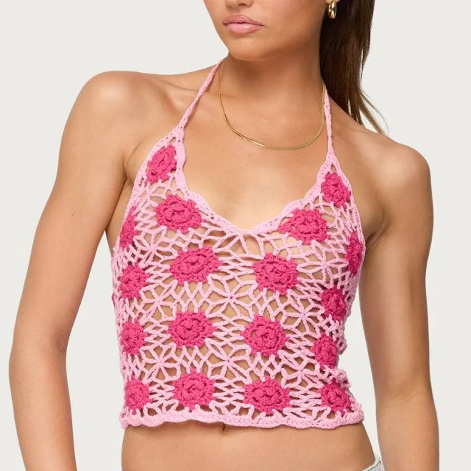 top Contrast Floral Crochet Halter Top PINK / XL edikted $10