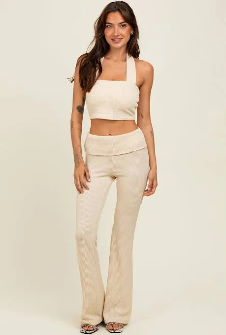 matching set Cream Textured Rib Crop Tank Flare Leg Pant Set PinkBlush Maternity $53