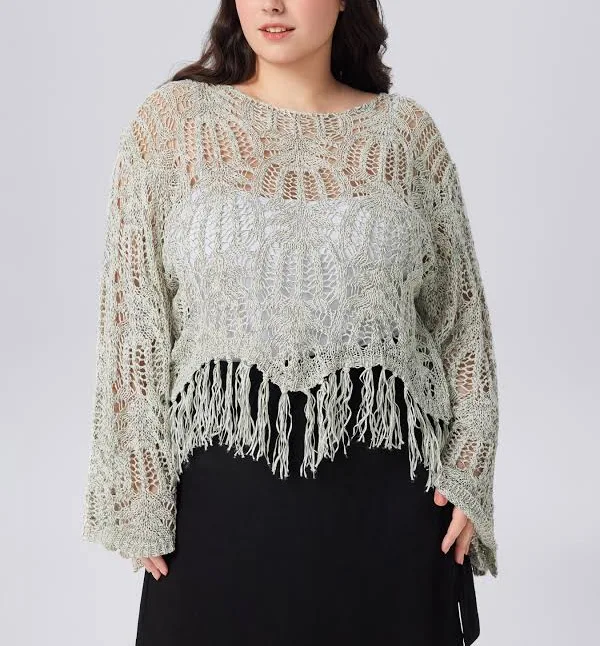 crop top Crochet Round Neckline Hollow Out Tassel Knitted Sweater Cider $33.53
