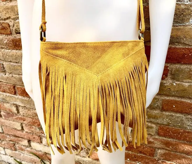 bag Cross body bag. BOHO suede leather bag in MUSTARD with FRINGES. Messenger bag in soft genuine suede leather. Yellow crossbody hippy bag Etsy - goodtimesbarcelona $43.18