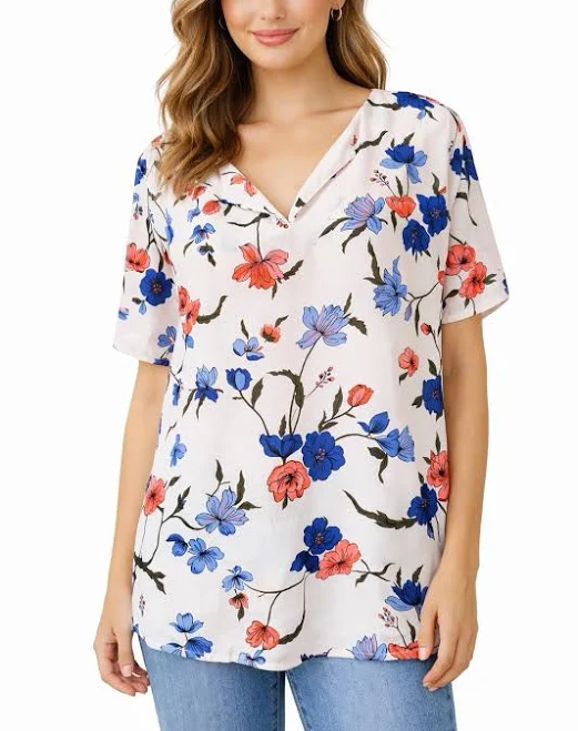 top Dr2 Women&rsquo;s Floral Blouse Xl White Blue Coral V Neck Short Sleeve eBay - bernabep78 $15.19