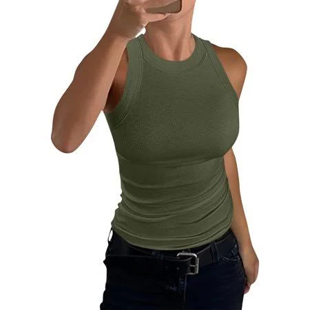 top Dwellite Womens Crop Tank Tops Crew Neck Sleeveless Ribbed Knit Slim Fit Shirts 2026 Summer Casual Basic Workout Clothes Army Green XL, Women's Walmart - Dwellite $9.99