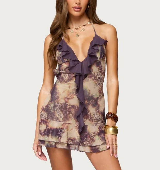 dress Edikted Women's Abstract Printed Backless Ruffle Mini Dress Macy's $65.8
