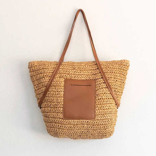 bag Elena Women's Large Woven Straw Tote with Leather Straps Elena Handbags $45