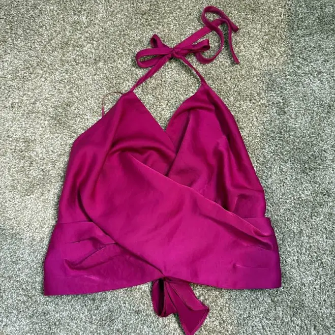 top Express Womens Fuchsia Pink Satin Halter Neck Wrap Tie Back Crop Top eBay $20