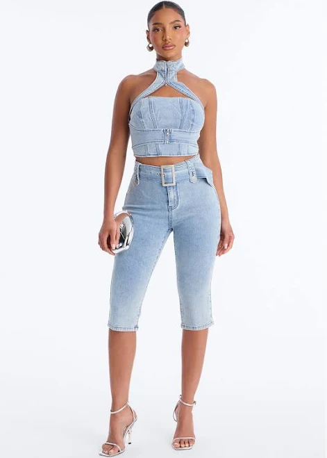 matching set Fashion Nova Cropped Halter Denim Pant Set Fashion Nova $43.99