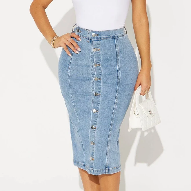 denim skirt Fashion Nova Falda Right On The Line Denim Midi Skirt Fashion Nova $39.99