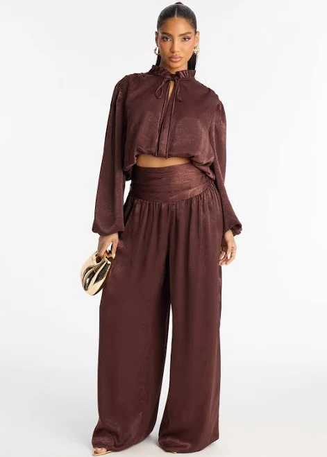 matching set Fashion Nova Long Sleeve Satin Cropped Blouse and Pant Set Fashion Nova $59.99