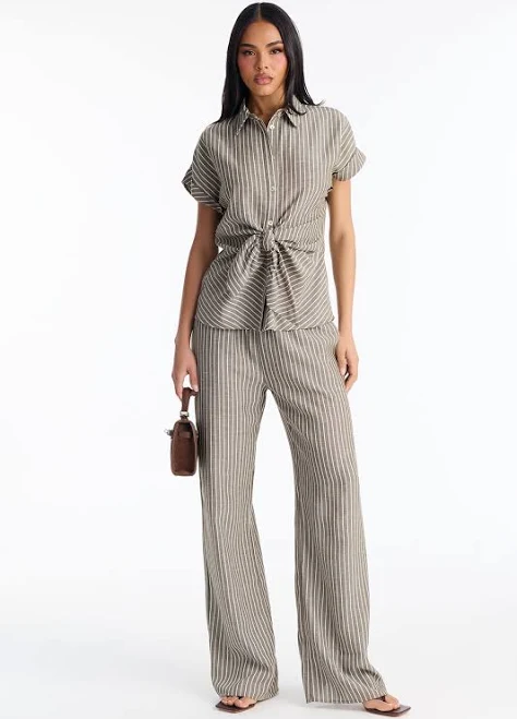 outfits Fashion Nova Tie Front Linen Button Up Shirt and Wide Leg Pant Set Fashion Nova $23.99