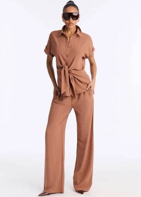 matching set Fashion Nova Tie Front Short Sleeve Button Up Shirt and Wide Leg Pant Set Fashion Nova $16.99