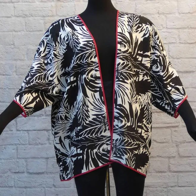 outerwear Floral Kimono Jacket with Red Trim 3/4 Sleeve Etsy - Seller $30.24