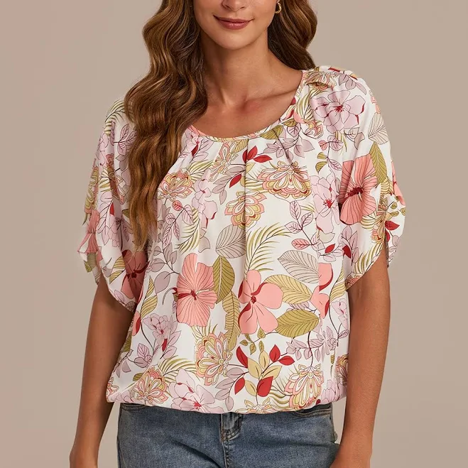 top Floral Short Sleeve Pleated Neck Blouse with Bubble Hem Petal Lush $18