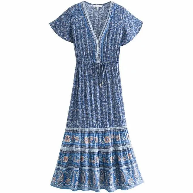 dress Flowy V-Neck Floral Maxi Sundress Wild Rose Boho $38.99