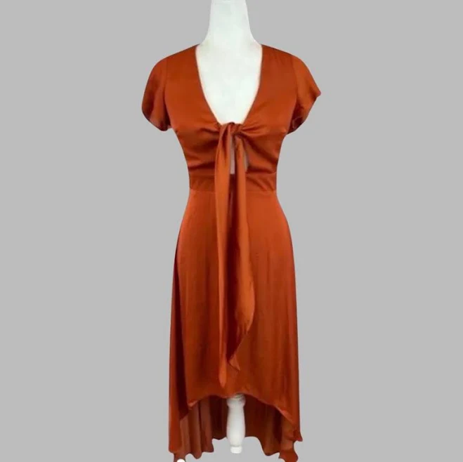 dress Flutter Sleeve High Low Tie Front Satin Midi Dress Burnt Orange eBay - toofuntobedone $39