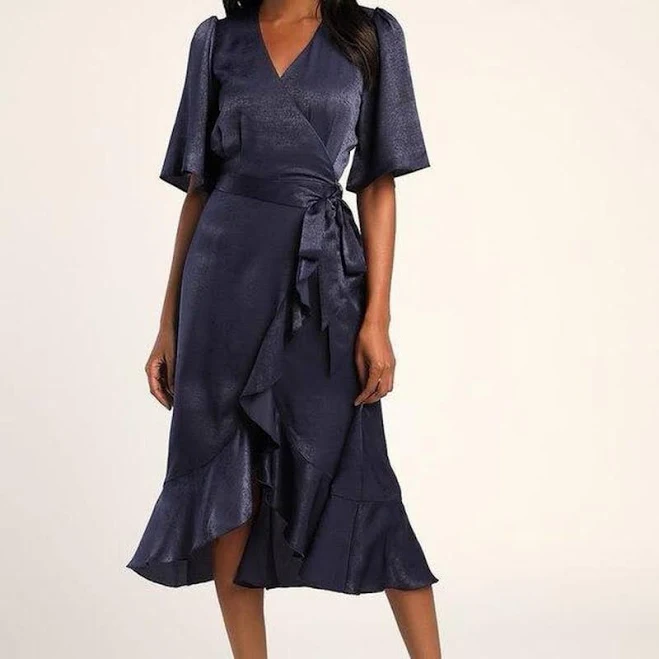 dress Francesca‘s Navy Blue Satin Wrap Midi Dress Flutter Short Sleeve eBay $22