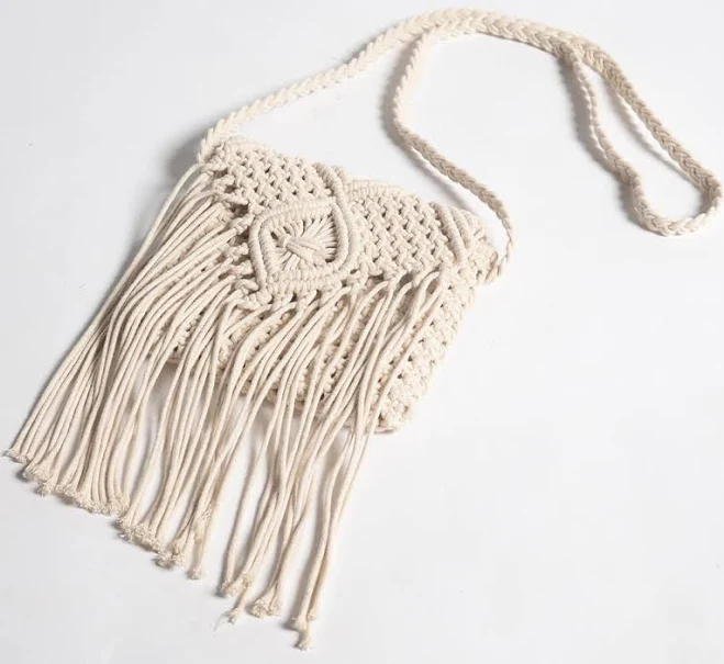 bag Fringed macrame crossbody bag | bohemian style purse, boho chic, vacation purse, tropical weather purse, handcrafted macrame, white fringe Etsy - Seller $34.4