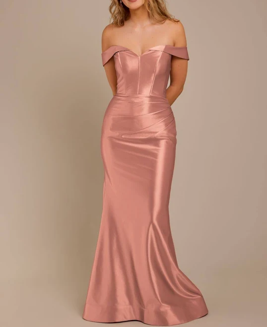 off-shoulder top Galina Signature Sculpting Satin Off-The-Shoulder Dress in Desert Coral | Size: 8 | David's Bridal David's Bridal $249.95