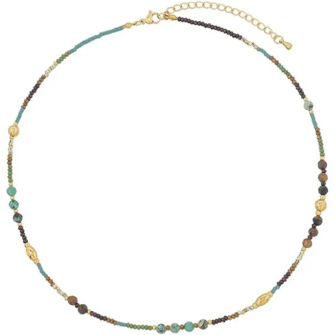 accessory Gold Plated Stainless Steel Brown and Turquoise Beaded Necklace Pierced Owl $18.99