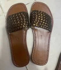 shoes Golden-Brown Woven Leather Flat Slide Sandals | handmade in Morocco Etsy $56.6