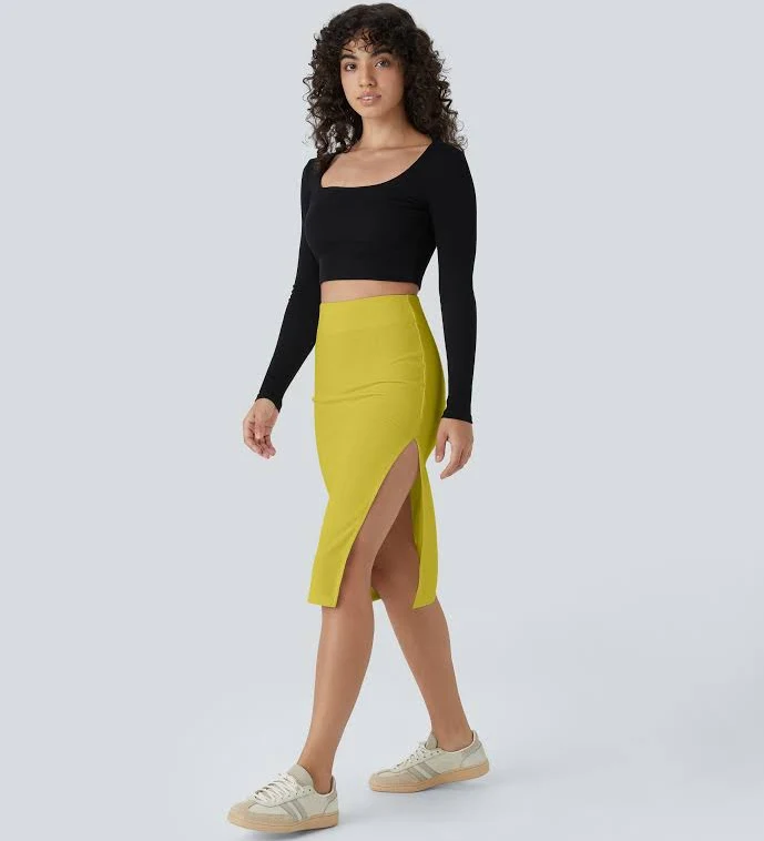 matching set Halara Ribbed High Waisted Bodycon Midi Casual Skirt - Warm Olive - M(regular) halara $29.95