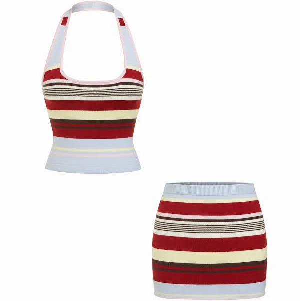 matching set Halter Neck Striped Tank Top and Low Rise Mini Skirt Set Cider $39.9