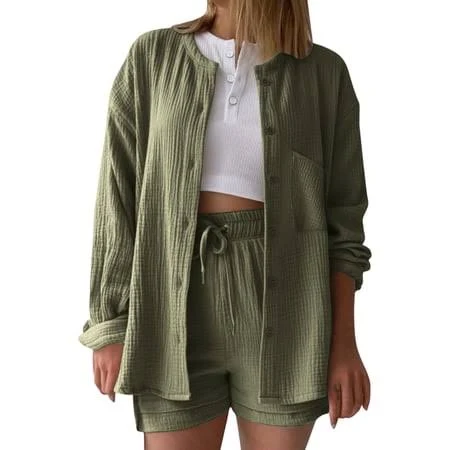 matching set Hurxie 2 Piece Linen Set for Women Oversized Wrinkle Long Sleeve Button Down Shirts and Drawstring Shorts Beach Outfit Sets Army Green,S, Women's, Walmart - ShiKeXi $21.7