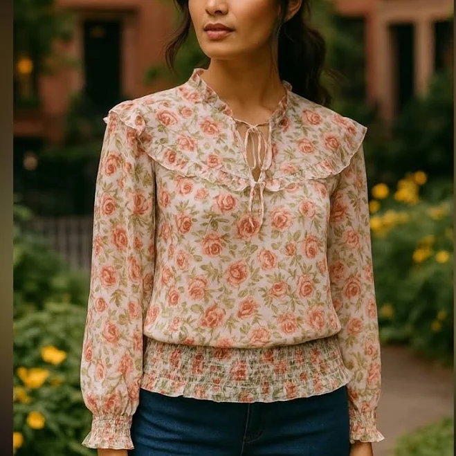 top Inc International Concepts Tops | Inc International Concepts Floral Print Chiffon Ruffle Smocked Hem Blouse | Color: Green/Pink | Size: S | Pm- Poshmark $24