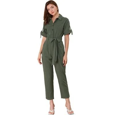romper Inspire Chic Women's Short Sleeve Collared Button Down Tie Waist Cargo Jumpsuit Target $56.99