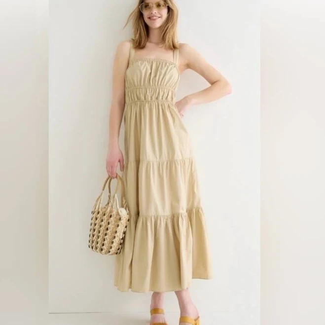dress J. Crew Dresses | J. Crew Women Tiered Midi Dress Convertible Straps Light Khaki Xxs (D4 | Color: Cream/Tan | Size: Xxs | Andreaps1710's Closet Poshmark $42