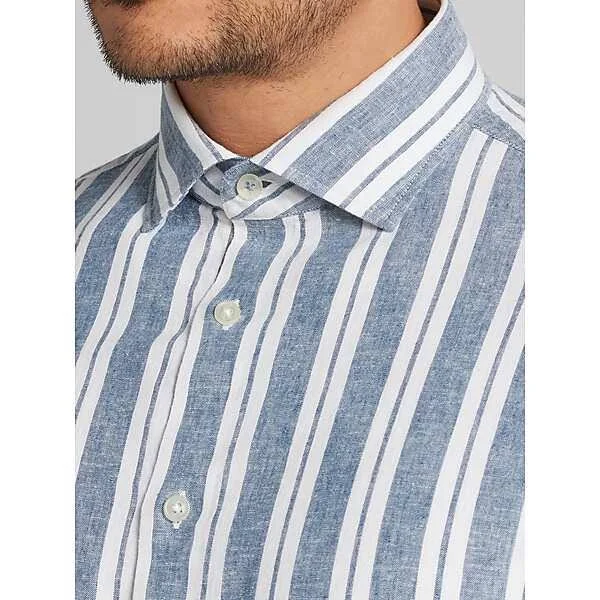 outerwear Joseph Abboud Modern Fit Linen Blend Button Up Shirt in Navy/White Stripe – Men’s Casual Long Sleeve Collared Top, Size Medium Men's Wearhouse $19.99