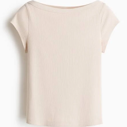 top Ladies - Light Beige Rib-Knit Boat-Neck Top - Size: L - H&M H&M $14.99