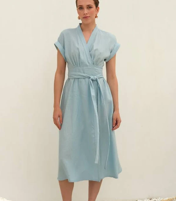 dress Light Blue Linen Wrap Midi Dress &ndash; Soft chelie.us $176