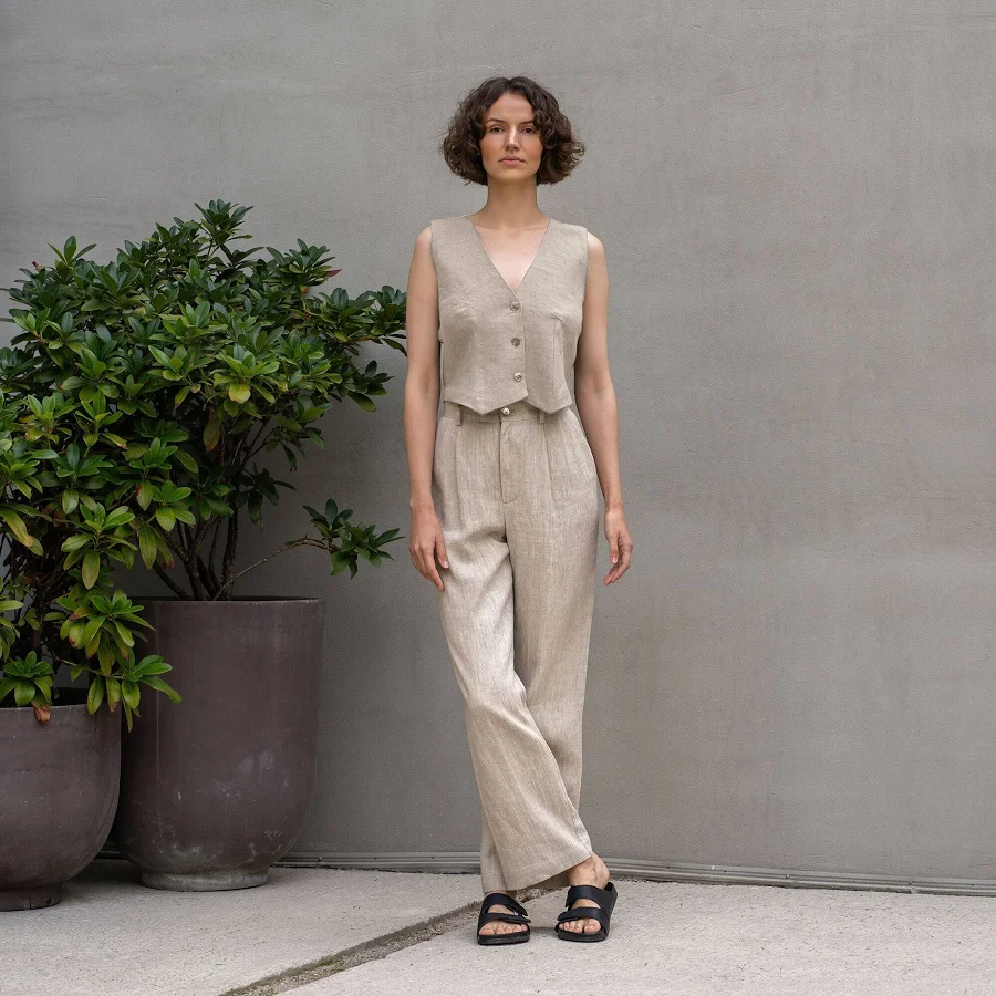 matching set Linen Vest & Wide Leg Pants 2-Piece menique.com $239.9