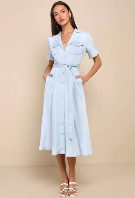 sundress Lulus Women's Chambray Collared Midi Dress with Pockets Lulus $69