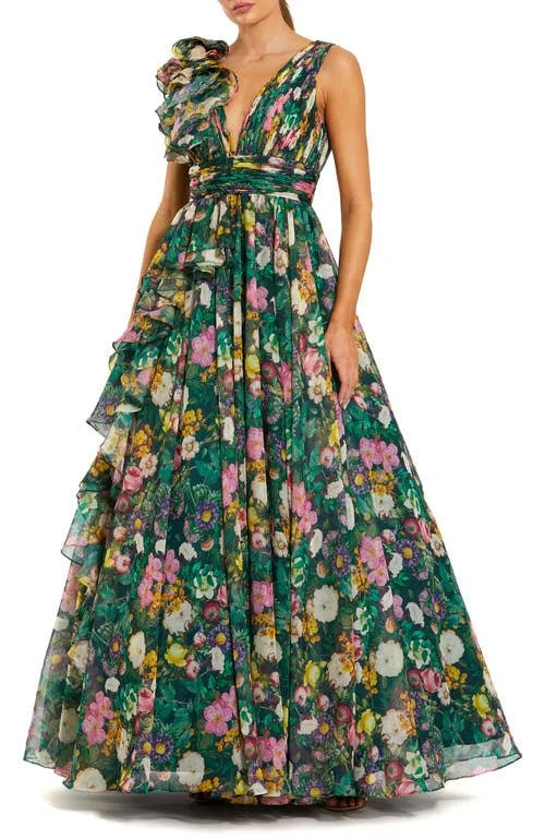 dress Mac Duggal Women's Ruffle Shoulder V-Neck Printed Chiffon Gown Nordstrom $498