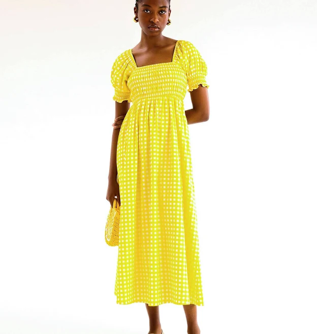 sundress Megan Gingham Print Shirred Midi Dress omnes.com $50
