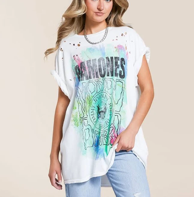 top Merch Traffic Women's Cotton Ramones Oversized Band T-Shirt in Cream/White | Size: S/M | Buckle Buckle $34.99